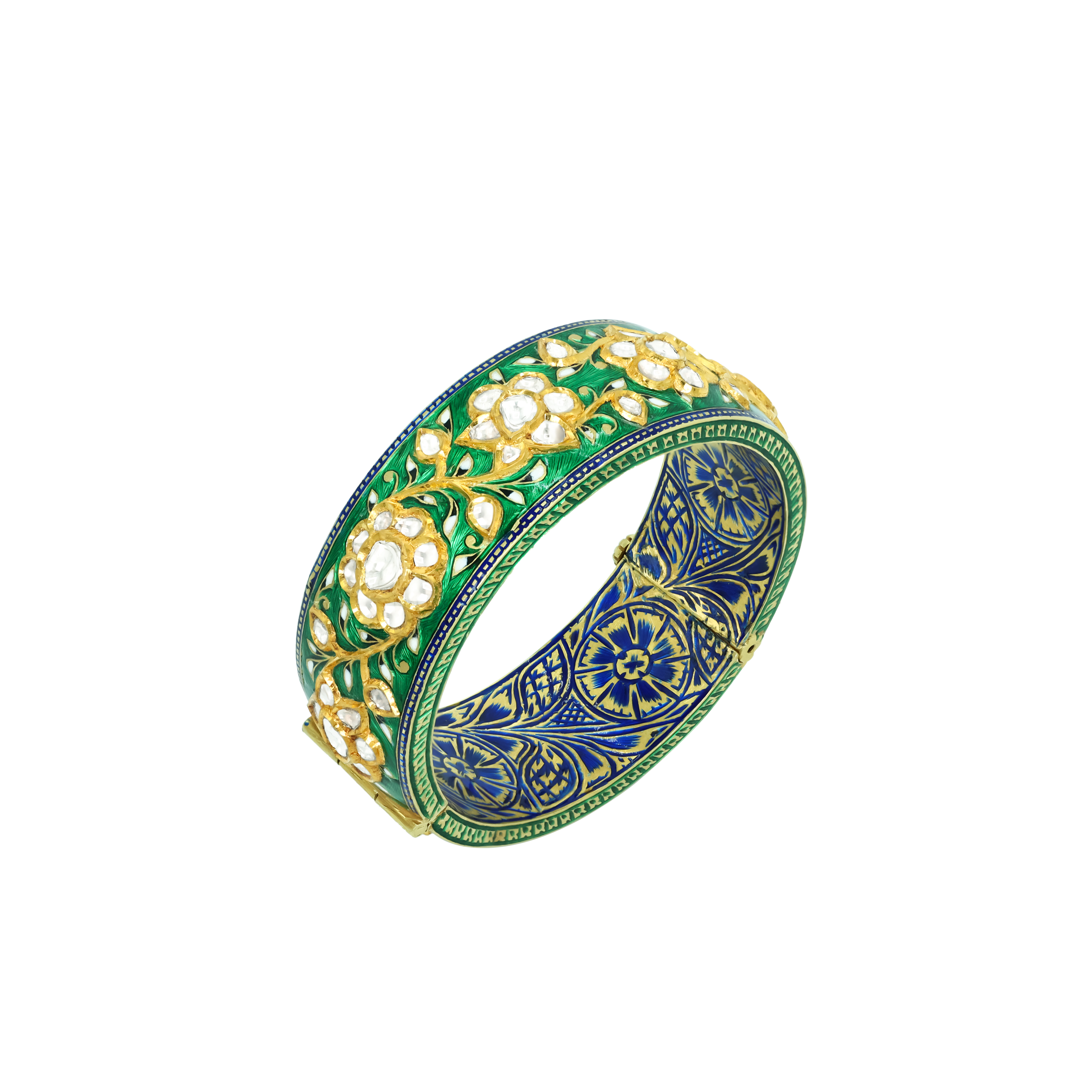 Green Enamel Bangle with Polki Florals and Blue Inner Motifs